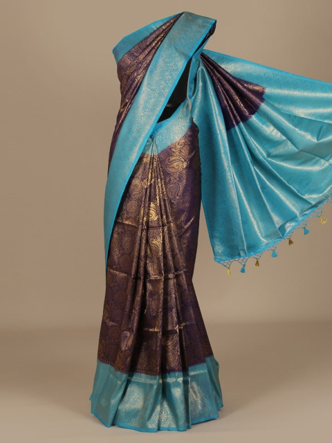 

Pothys Navy Blue & Gold-Toned Jute Silk Woven Design Saree