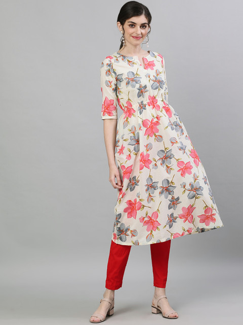 

Nayo Women Cream-Coloured & Red Printed Anarkali Kurta