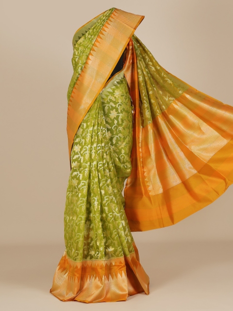 

Pothys Green & Gold-Toned Jute Silk Woven Design Saree with Zari Border