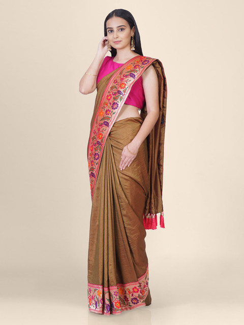 

Hastakala Brown Poly Silk Solid Handloom Paithani Saree