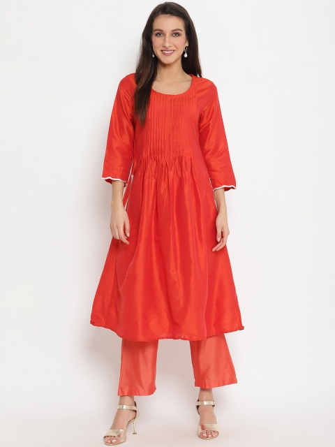 

Abhishti Women Red Flared Solid Kurta with Trousers