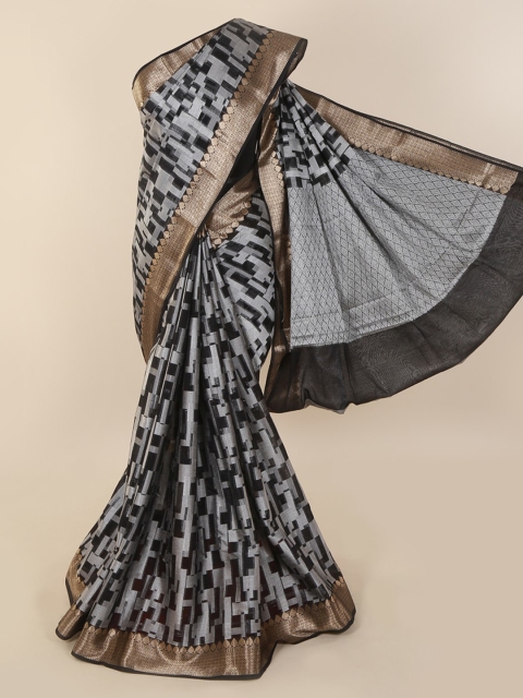 

Pothys Black Woven Design Cotton Blend Tanchai Kora Saree with Zari Border