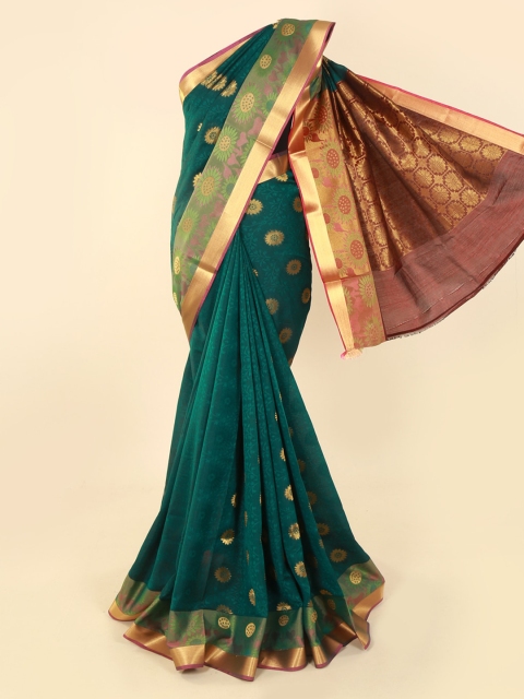 

Pothys Green & Gold-Toned Silk Cotton Woven Design Saree