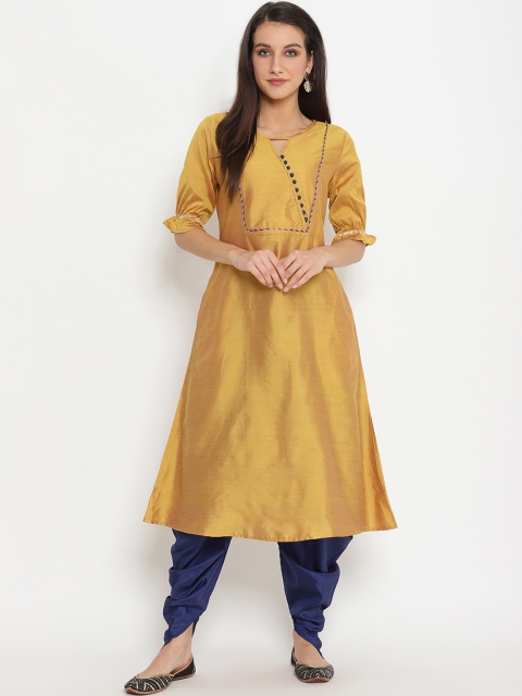 

Abhishti Women Gold-Toned & Blue Embroidered Kurta with Dhoti Pants