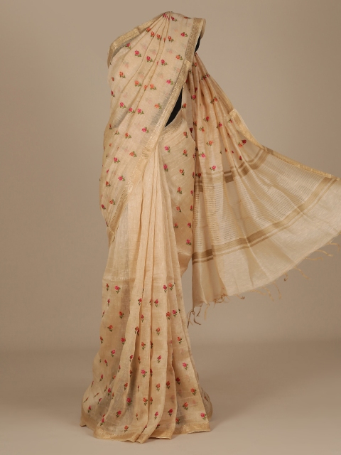 

Pothys Cream-Coloured & Red Pure Linen Printed Saree