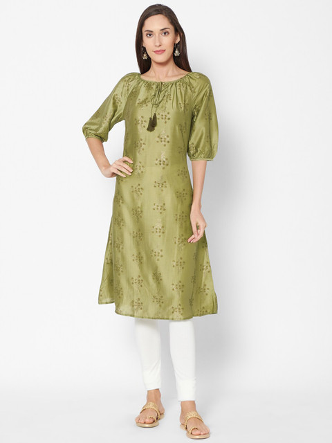

Fusion Beats Women Green Embroidered A-Line Kurta