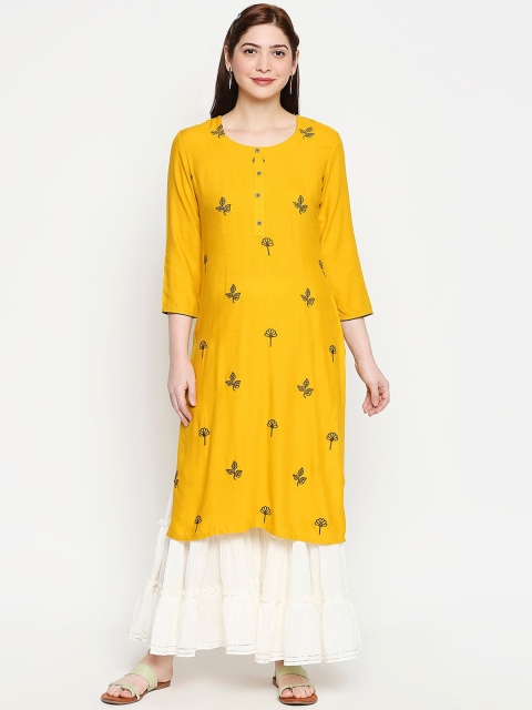 

ZRI Women Yellow & Brown Embroidered A-Line Kurta
