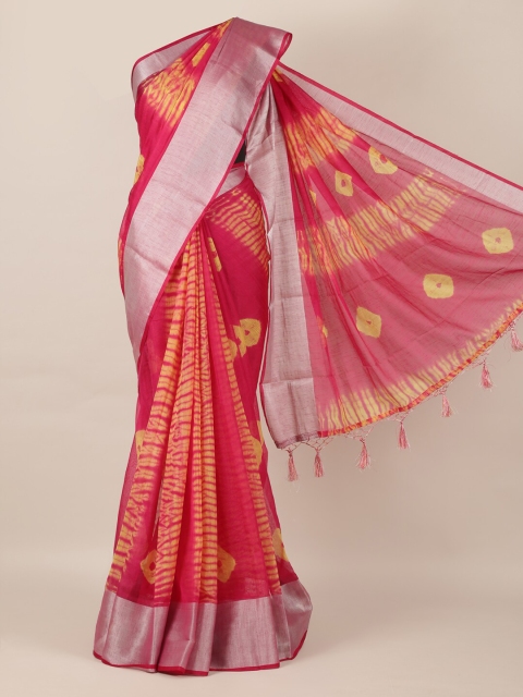 

Pothys Pink & Yellow Linen Blend Printed Bandhani Saree