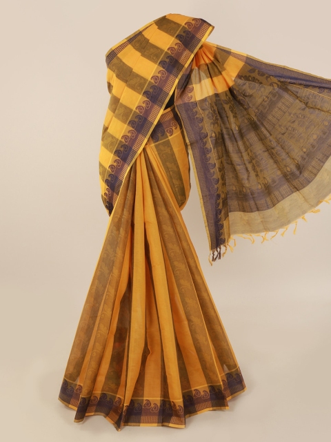 

Pothys Yellow & Navy Blue Pure Cotton Striped Saree