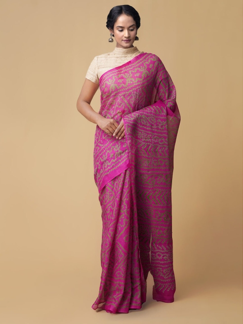 

Unnati Silks Pink & Green Pure Chiffon Printed Bandhani Saree