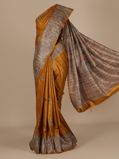 

Pothys Mustard & Cream-Coloured Jute Silk Printed Saree