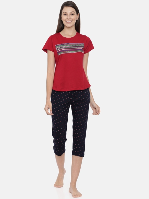 

Curare Women Red & Navy-Blue Printed Night Suit