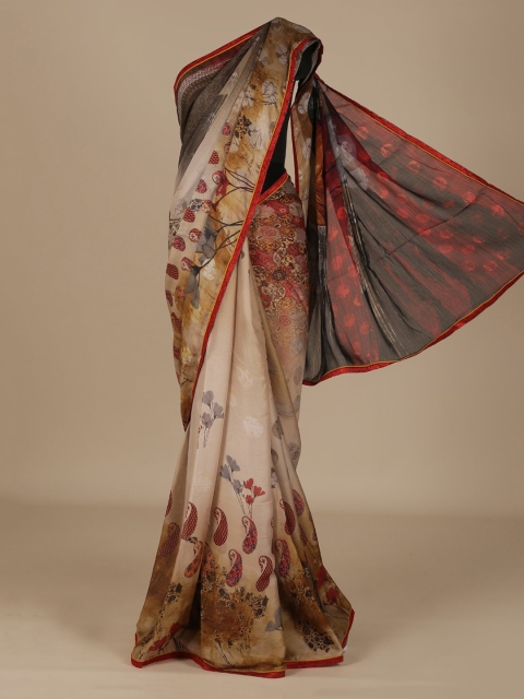 

Pothys Cream-Coloured & Brown Poly Chiffon Printed Saree