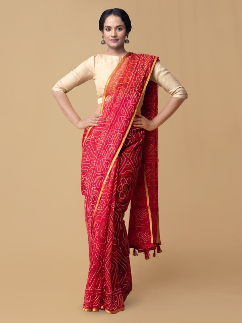 

Unnati Silks Red & Off-White Pure Chiffon Printed Bandhani Saree