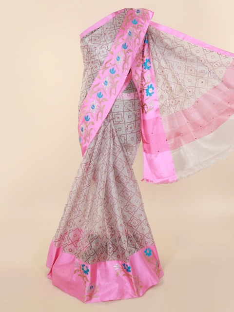 

Pothys Silver-Toned & Pink Tissue Printed Saree