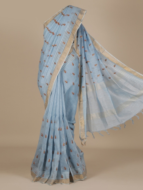 

Pothys Blue Embroidered Pure Linen Saree