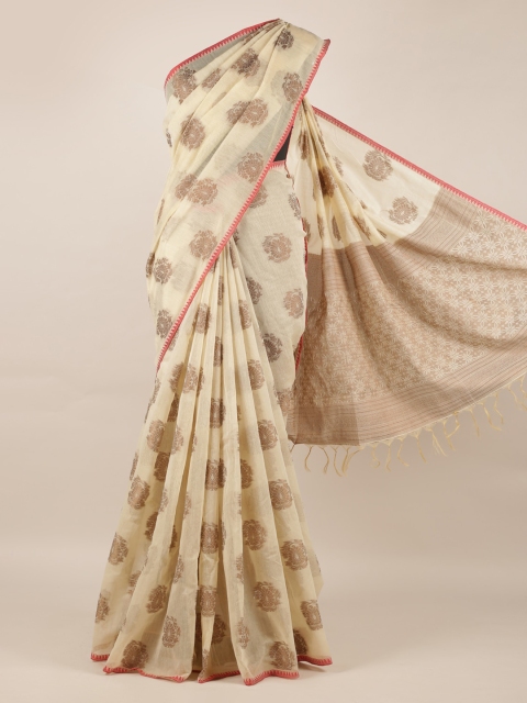 

Pothys Cream-Coloured Woven Design Jute Silk Saree with Jhalar Pallu