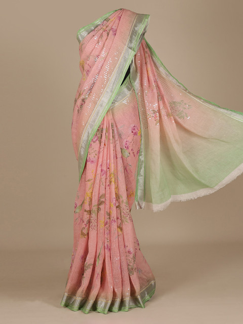 

Pothys Pink & Silver-Toned Jute Silk Embellished Saree