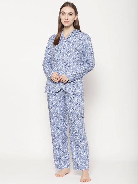 

COASTLAND Women Blue & White Floral Printed Night Suit