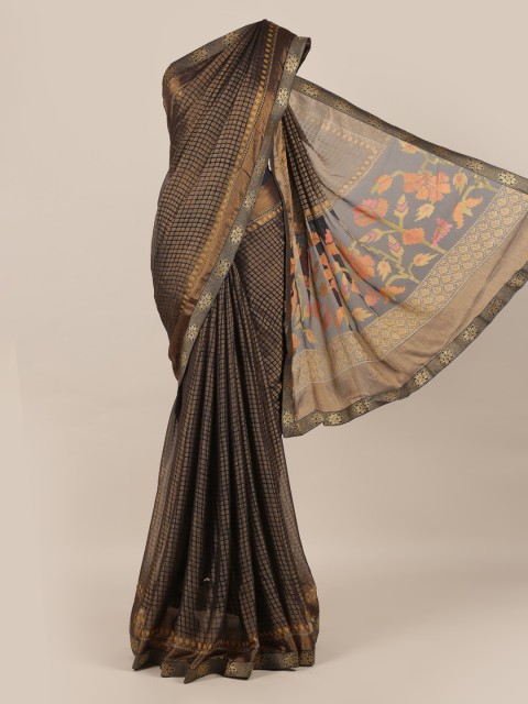 

Pothys Navy Blue & Brown Poly Chiffon Checked Saree