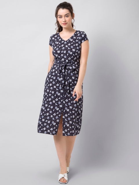 

FabAlley Women Navy Blue Printed Cotton Fit and Flare Dress