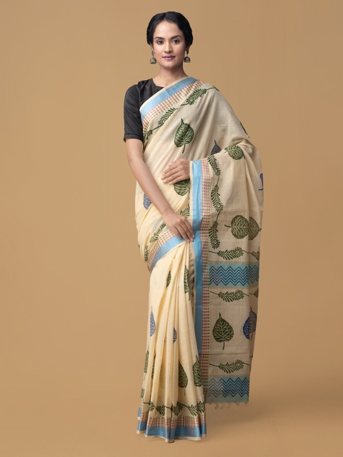 

Unnati Silks Cream-Coloured Pure Cotton Printed Mangalagiri Saree
