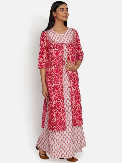 

Paislei Women Pink & Off-White Hand Block Printed Layered Maxi Tunic