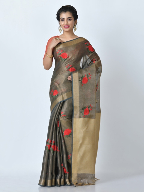 

RANGOLI Black & Gold-Toned Tissue Embroidered Saree