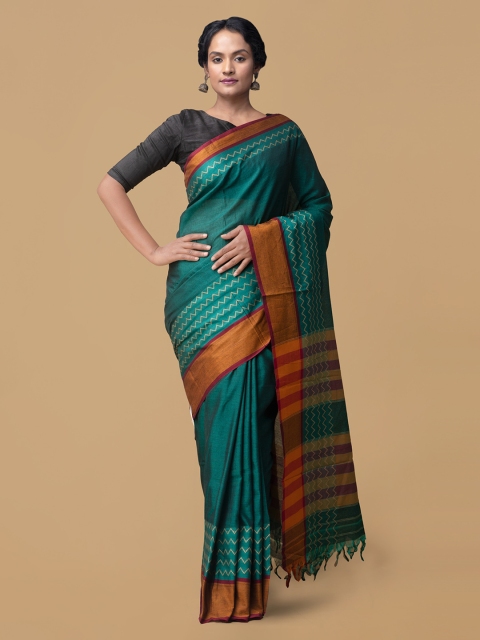 

Unnati Silks Green Pure Cotton Woven Design Narayan Peth Handloom Saree