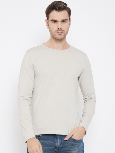 QUBIC Men Beige Solid Round Neck T-shirt