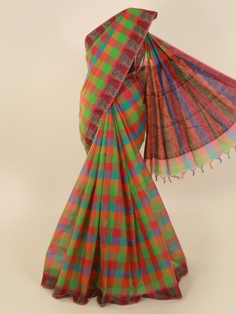 

Pothys Green & Orange Pure Cotton Checked Saree