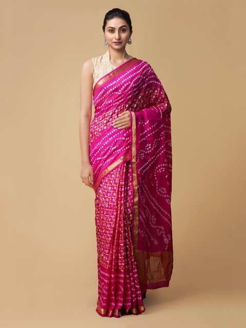 

Unnati Silks Pink & White Pure Silk Printed Bandhani Handloom Saree