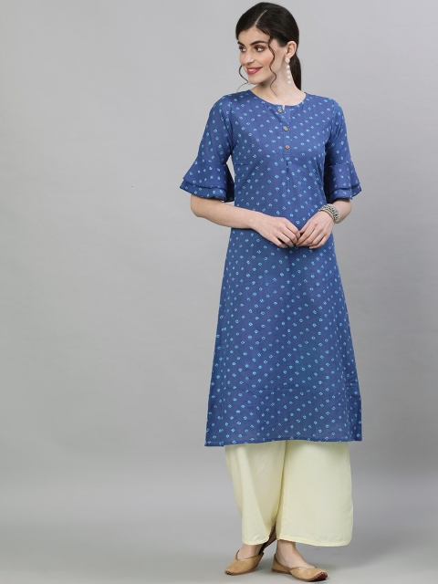 

Nayo Women Blue Printed A-Line Kurta