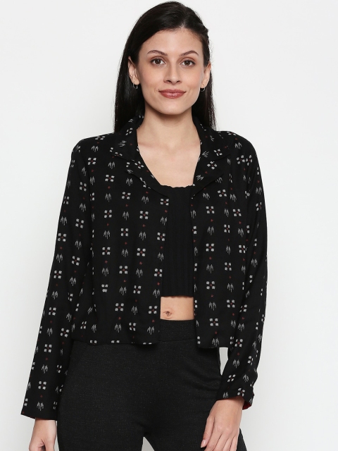 

People Women Black Printed Open Front Crop Jacket