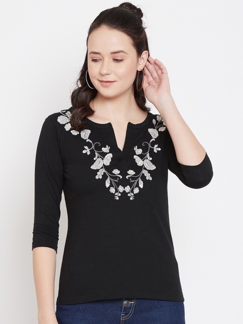 

Hypernation Women Black Printed Polo Collar T-shirt