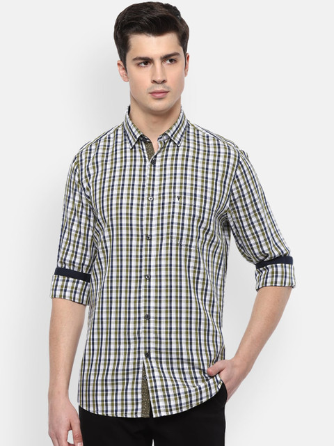 

Van Heusen Sport Men White & Olive Green Slim Fit Checked Casual Shirt