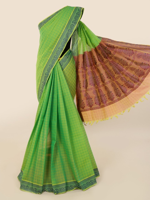 

Pothys Green & Red Pure Cotton Checked Saree