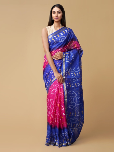

Unnati Silks Pink & Blue Pure Silk Printed Bandhani Saree