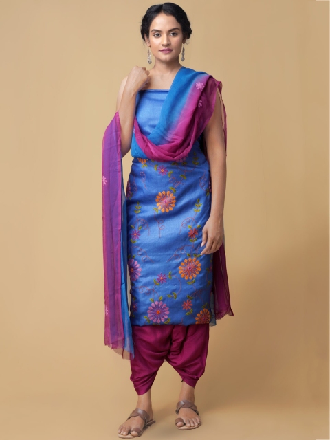 

Unnati Silks Women Blue & Purple Tussar Silk Handloom Phulkari Unstitched Dress Material