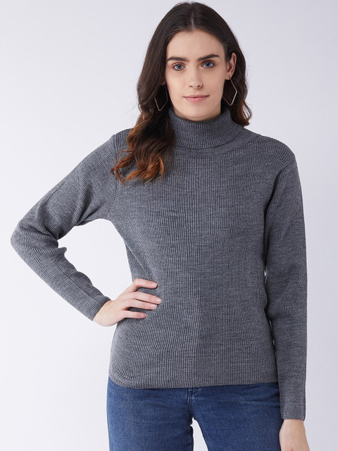 

RVK Women Grey Ribbed Pullover Sweater