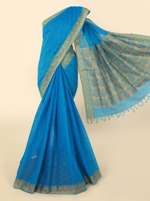 

Pothys Blue & Gold-Toned Pure Cotton Solid Saree
