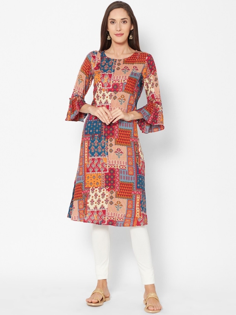 

Fusion Beats Women Red & Blue Ethnic Motifs Printed Bell Sleeves Kurta