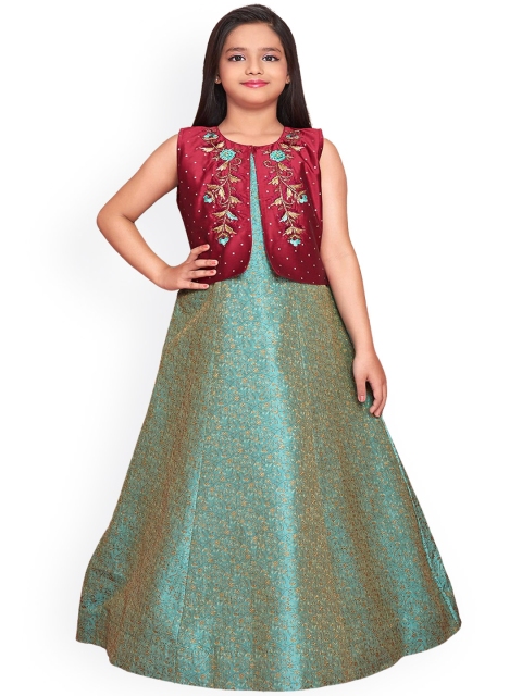 

BETTY Girls Green Self Design Maxi Dress With Jacket