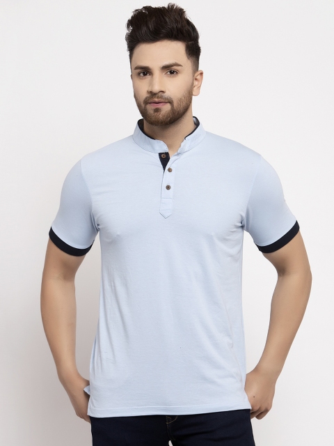 

Kalt Men Blue Solid Mandarin Collar T-shirt