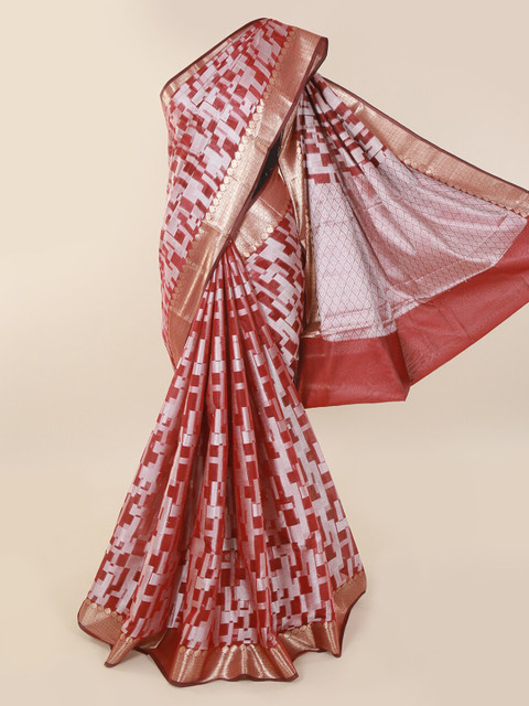 

Pothys Maroon Woven Design Cotton Blend Tanchai Kora Saree with Zari Border