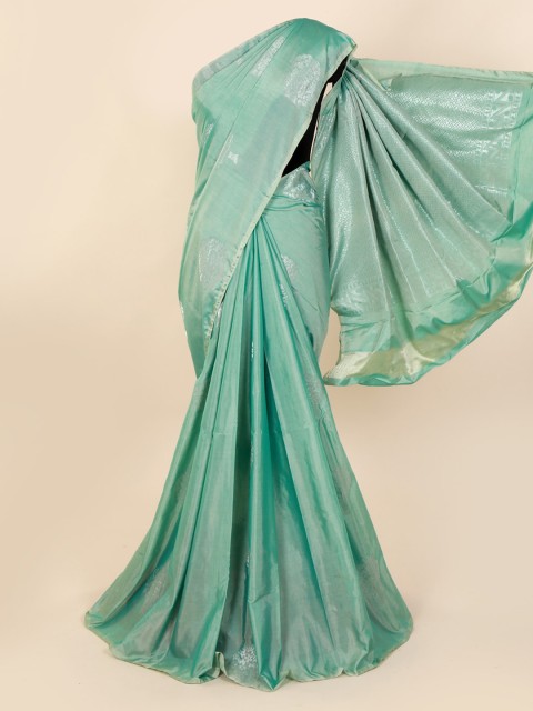 

Pothys Green & Silver-Toned Silk Cotton Woven Design Kanjeevaram Saree