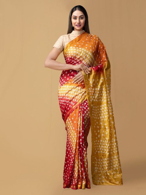 

Unnati Silks Red & Yellow Pure Silk Printed Bandhani Saree