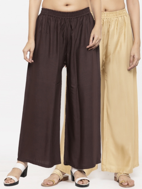 

NEUDIS Women Pack Of 2 Solid Wide Leg Palazzos, Beige