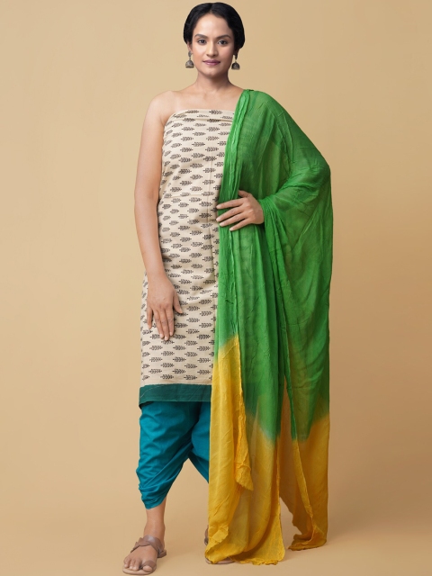 

Unnati Silks Women Blue & Cream Coloured Floral Block Printed Unstitched Dress Material
