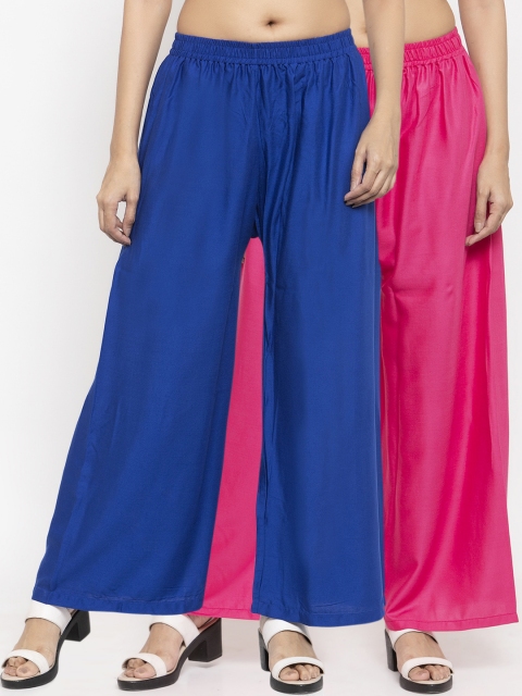 

NEUDIS Women Pack Of 2 Solid Wide Leg Palazzos, Blue